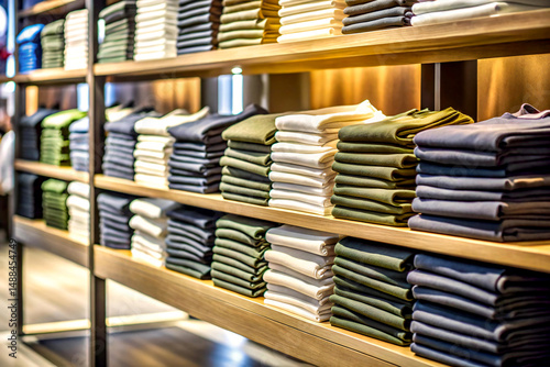 Side View of Folded T-Shirts on Shelf – Color Stacks & Tags