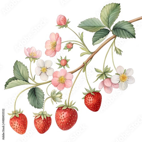 Strawberry on white background Branch with strawberries and flowers, watercolor clipart illustration
