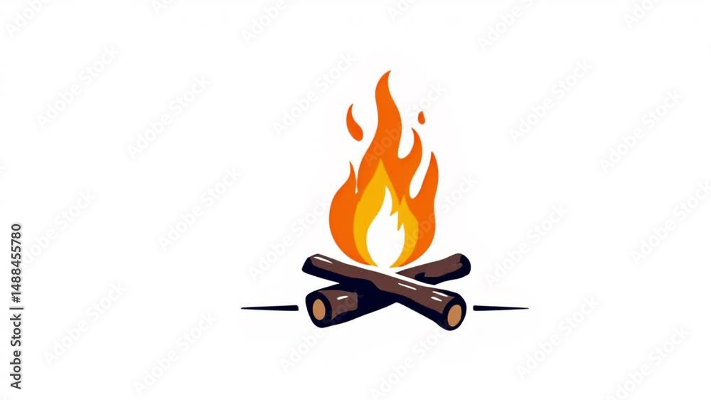 Camping bonfire burning cartoon animation. Camp fire flat color cartoon 4K video, alpha channel. Campfire campground. Burning wood. Flames sparks firewood pile animated item on white background