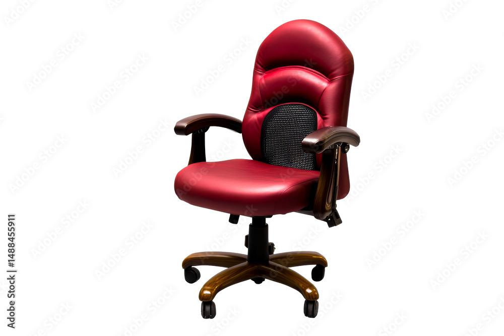 Fototapeta premium Plush red leather office chair with wooden armrests, cut out transparent