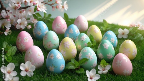 Colorful Easter eggs adorned with floral designs in the grass backdrop.