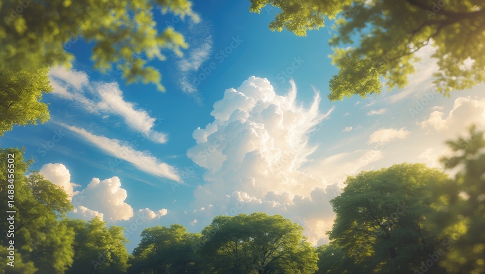 On a beautiful sunny summer day, surrounded by trees, gazing up at the blue sky filled with fluffy clouds. On a beautiful sunny summer day, surrounded by trees, gazing up at the blue sky filled with fluffy clouds.