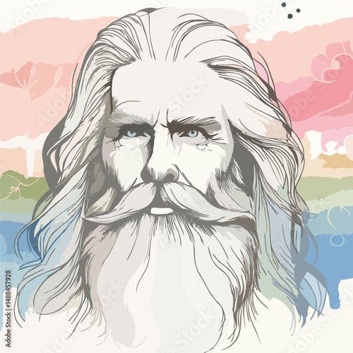 Elderly Man with Long Hair an...A detailed hand-drawn illustration of an elderly man with long flowing hair and a full beard, set against a soft watercolor background. The expressive lines and wrinkle