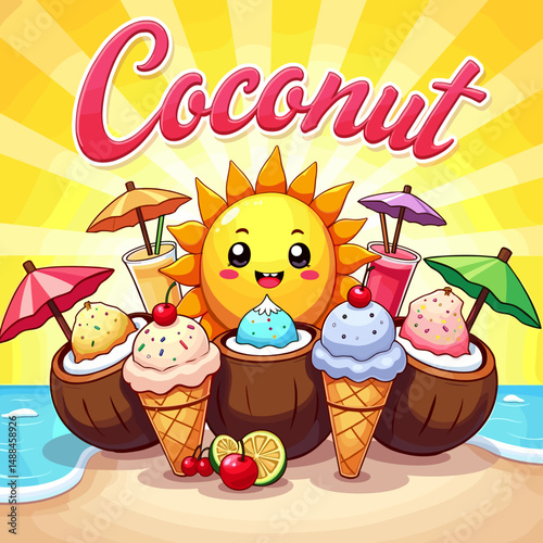 “Hello Summer Illustration with Watermelon, Flip Flops, Straw Hat, and Citrus Fruits – Fun Tropical Design”

