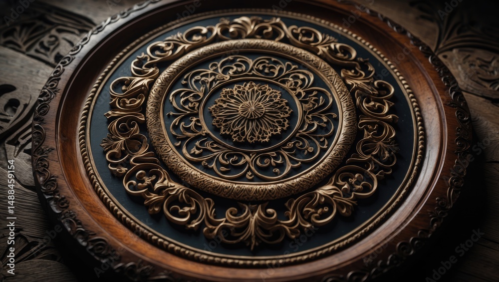 Obraz premium Handmade carved wood plate featuring traditional Arabic floral patterns