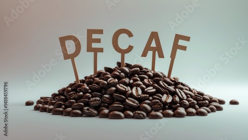 A plate featuring decaf coffee beans, adorned with 'decaf' in gold text, placed on a wooden surface with studio lighting