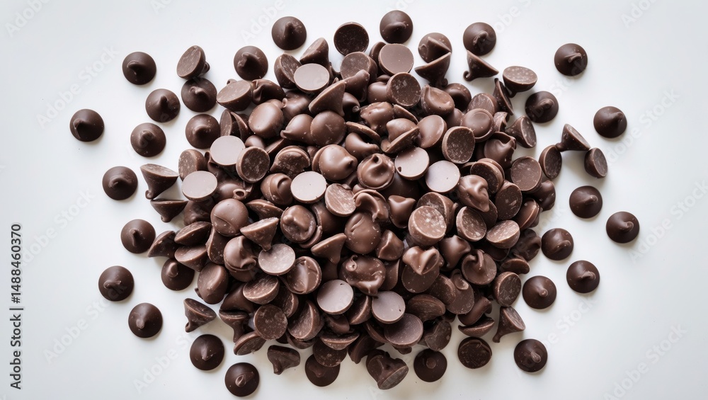 Obraz premium Isolated chocolate chips in a heap viewed from the top against a plain background
