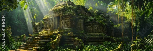 Ancient Stone Temple Ruins Emerging from Dense Jungle Overgrowth, Mystical Landscape, Lost Civilization, Detailed Stone Architecture