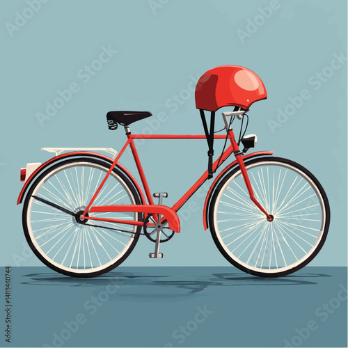 Red bicycle with helmet resting