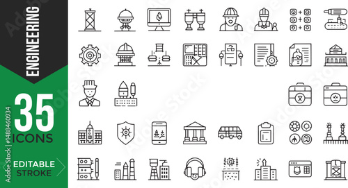 Civil Engineering Outline Icons Set – Linear Style Vector with Editable Stroke


