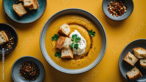 Fototapeta Naklejka Na Ścianę i Meble -  Warm butternut squash soup with cream and bread toppings for a cozy fall dish