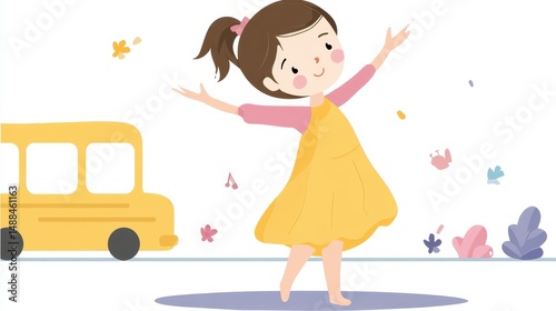 Girl's Joyful School Day: Illustration of a Child Embracing Learning