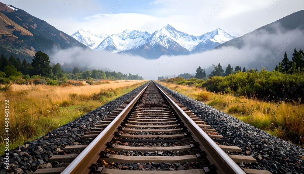 Fototapeta premium Lonely Train Tracks Through Foggy Field Leading to Snow Capped Mountains.