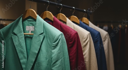Several colorful suits hang on a rack with wooden hangers in a store.