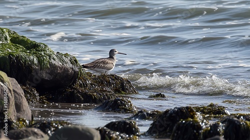 Bar tailed Godwit resting on shoreline