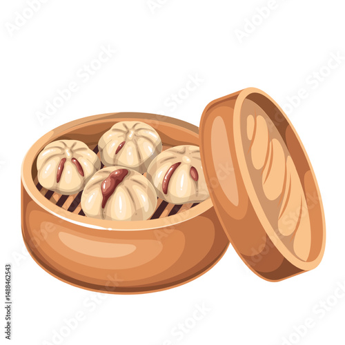 Char siu bao buns with glossy surface and barbecue pork filling served in bamboo steamer. Popular Cantonese dim sum. Cartoon vector illustration for menu, packaging, or food blog design
