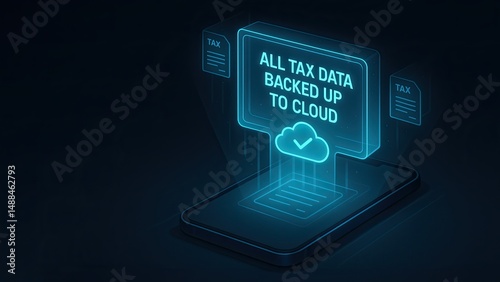 Wallpaper Mural Futuristic Tax Software : All Tax Data Securely Backed Up to Cloud, Displayed with Neon Light Above Smartphone with Floating Tax Document Icons, Representing Digital Future Compliance Torontodigital.ca