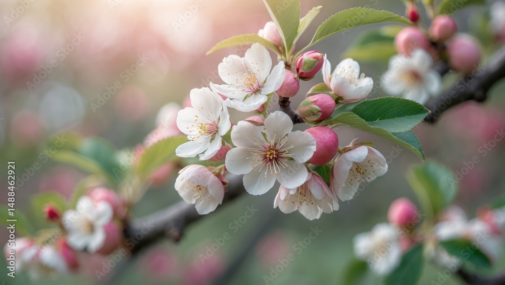 Obraz premium Apple tree flowers in full bloom, close-up of white and pink petals. Fresh buds with green foliage. Nature photography of a flowering branch. Blossoms in the orchard.