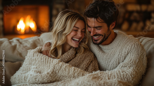 A young couple sits close together on a comfortable couch, smiling joyfully as they share a cozy moment by the warm glow of a fireplace, surrounded by a welcoming home atmosphere