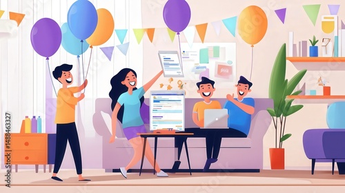 Happy Family of Four Laughing and Interacting Around a Table with a Laptop at Home.