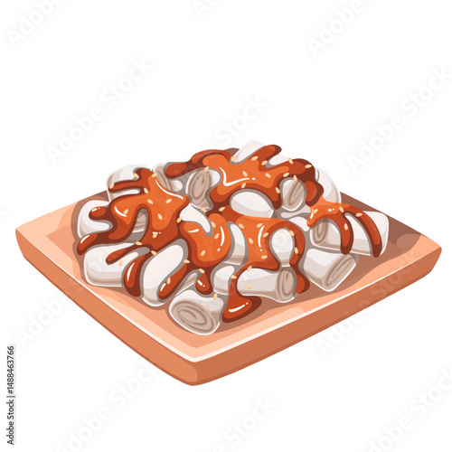 Steamed cheung fun rice noodle rolls cut into pieces and drizzled with savory sauce. Classic Hong Kong street food. Cartoon vector illustration for menu, recipe, or packaging design.