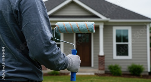 Fototapeta Naklejka Na Ścianę i Meble -  Person painting house exterior with roller gray house with white trim.
