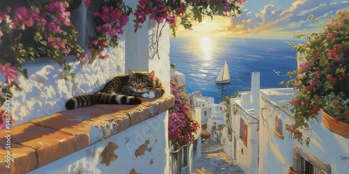 Coastal Cat Nap: Relaxed Feline Sleeps Peacefully on a Sunny Mediterranean Terrace Overlooking Azure Waters.