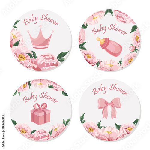 Pink baby shower round stickers with beautiful flowers peonies and new born girl elements