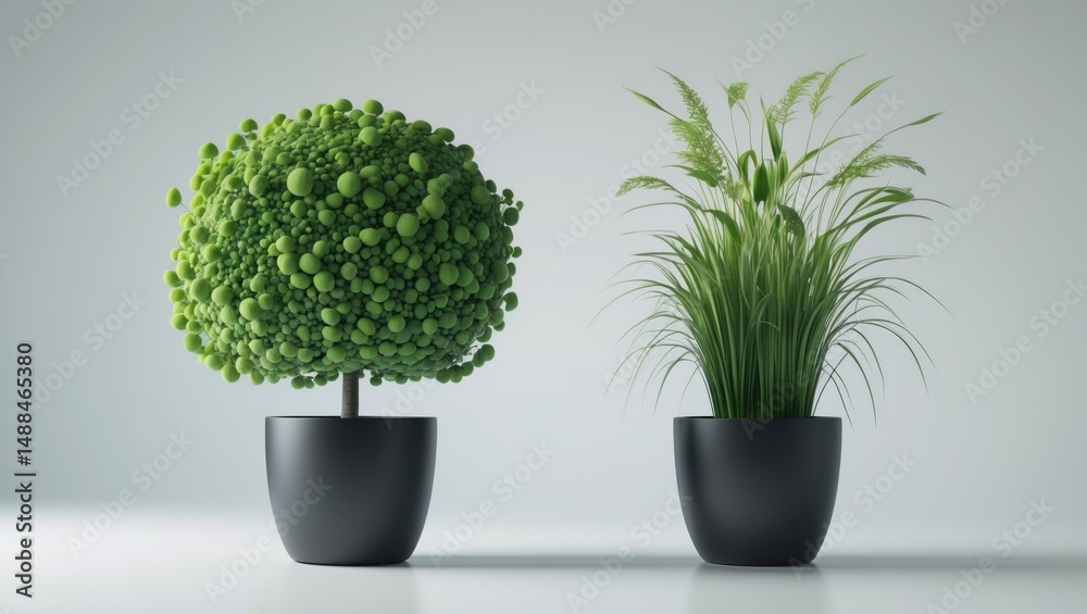 Fototapeta premium Collection of artificial plants in black pots isolated on white background