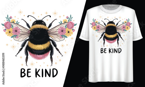 Bee Kind Floral Nature, T-Shirt Design.