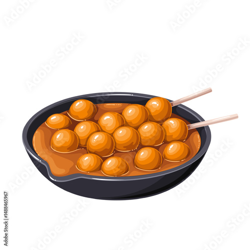 Curry fish balls served in black bowl with thick orange sauce and wooden skewers. Popular Hong Kong street food. Cartoon vector illustration of curry ball for menu, sticker, or food packaging design.
