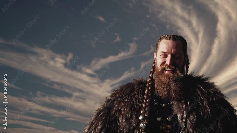 Guerrier viking barbu en tenue traditionnelle sous un ciel dramatique

