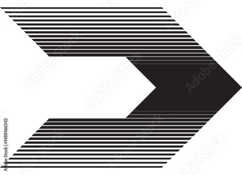 Striped arrow, black on white. Strict vector design element. Sport racing pattern. Direction indicator, navigation. Stripe on car, moto, boat, sports car and toy. Vector background. Speed. Movement