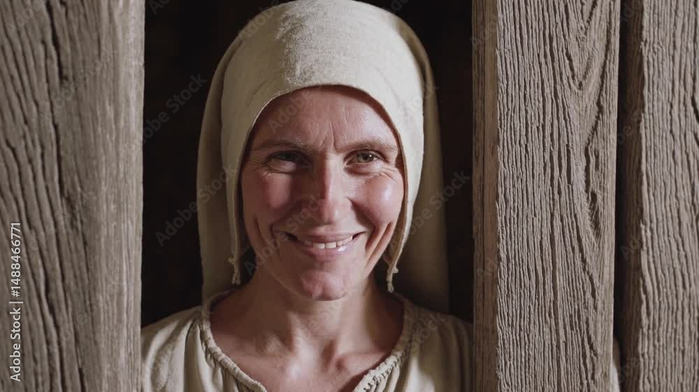 Femme médiévale souriante en coiffe, debout dans un cadre en bois rustique

