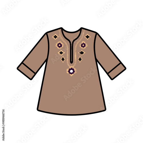 Brown embroidered summer tunic shirt with floral details  