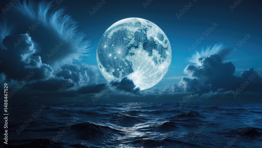 Fototapeta premium dramatic clouds over dark water with a full super moon