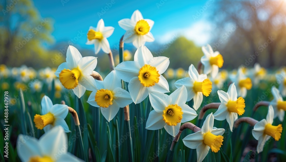 Yellow blooming daffodils. Daffodils contrasting with the blue sky. Yellow blooming daffodils. Daffodils contrasting with the blue sky.