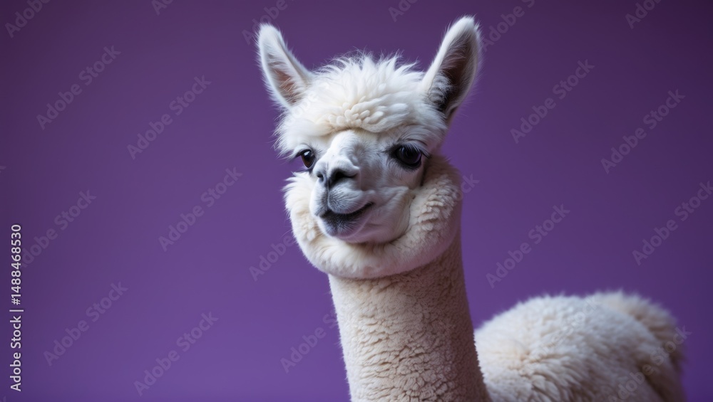 Obraz premium Furry alpaca face with a cheerful expression on purple