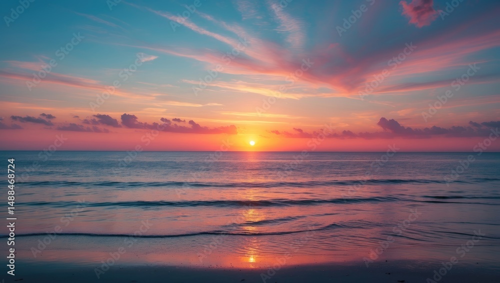 Fototapeta premium Majestic evening sky with vibrant orange and gold colors over the peaceful ocean and beach landscape