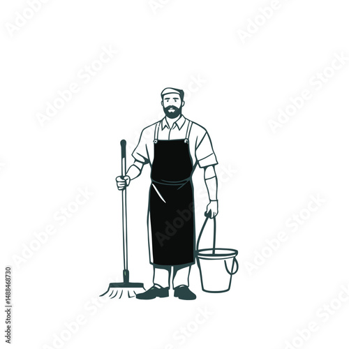 Cleaning Professional Holding Mop and Bucket, Janitorial Work Scene, Home and Office Maintenance, Minimalist Black and White Vector Art