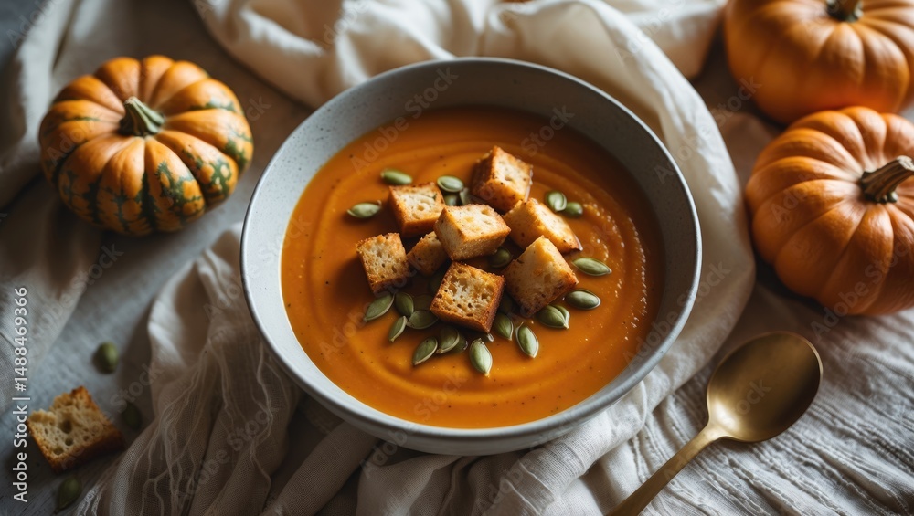 Homemade organic pumpkin and carrot soup with seeds and a spoon, perfect for seasonal dinner Homemade organic pumpkin and carrot soup with seeds and a spoon, perfect for seasonal dinner