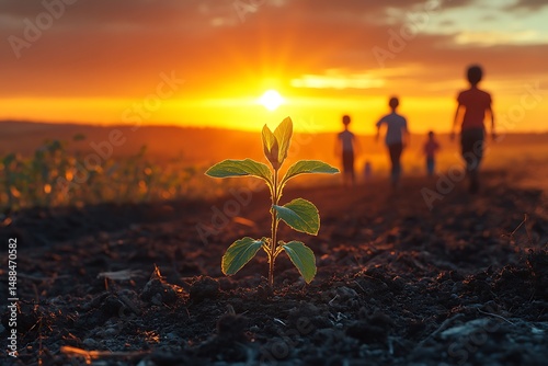 Young plant growing in the field with people walking in the sunset background