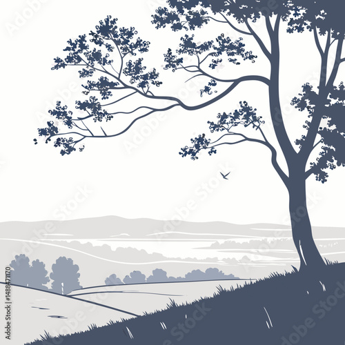 Serene landscape silhouette tree hillside view