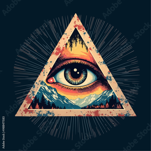Eye within triangle featuring mountains and sunburst design  