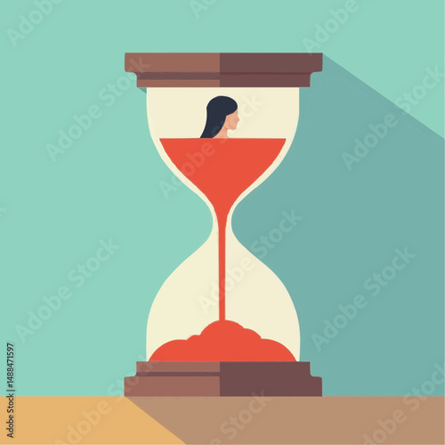 Hourglass with a woman inside and red sand in a minimalist style  