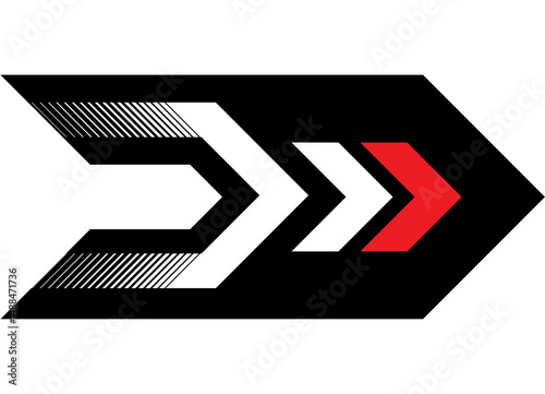 Vector red and black arrow. Striped design element. Sport pattern. Direction indicator, navigation. Racing application on car, motorcycle, boat, sports car and toy. Vector background