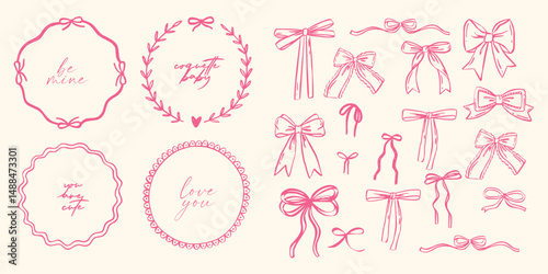 Set of whimsical doodle wavy ribbon circle frames with bows. Modern whimsical borders for wedding invitations, birthday cards, menu, holiday illustration. Coquette flirting vintage and retro style