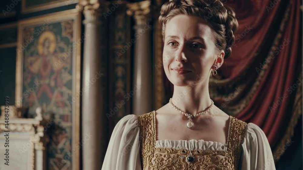 Portrait d’une noble renaissance en robe dorée dans un palais historique

