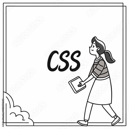 Girl walking with tablet, css design element, transparent background