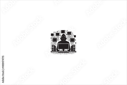 computer hacker silhouette with a simple, understated design set against a white background